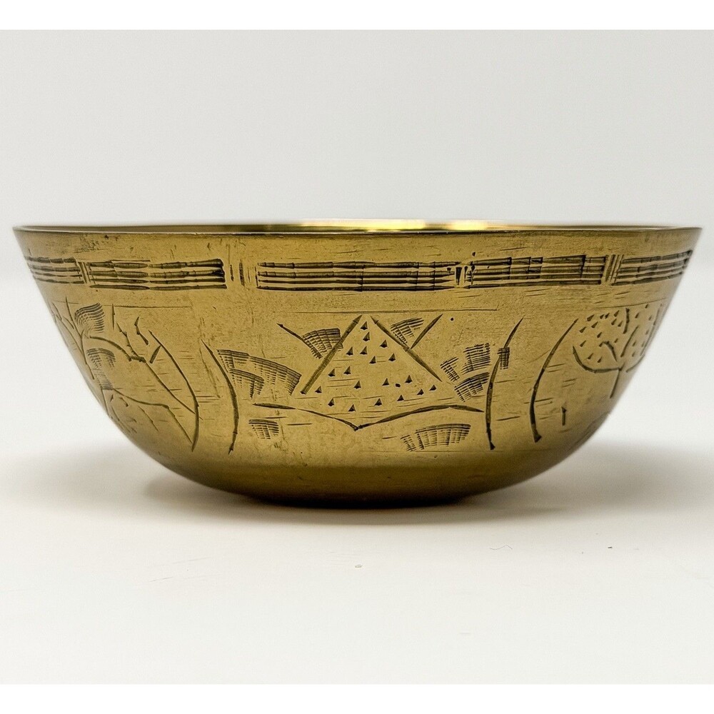 Vintage Brass Etched Bowl 4.5” Small Asian Boho Decor Trinket Dish Cencers